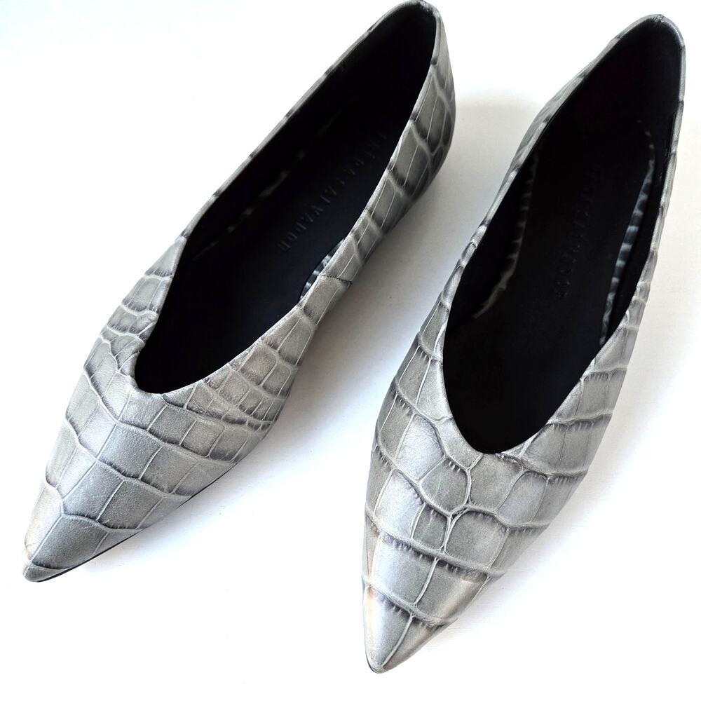 Freda Salvador NEW Yvette Pointy Toe Flat $395 Croc Gray Leather Womens Size 7